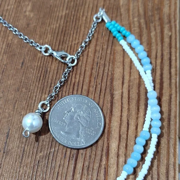 Ladies Choker Style Beach Beaded Necklace, Handmade, White and Blue, 16 Inches - Picture 2 of 4